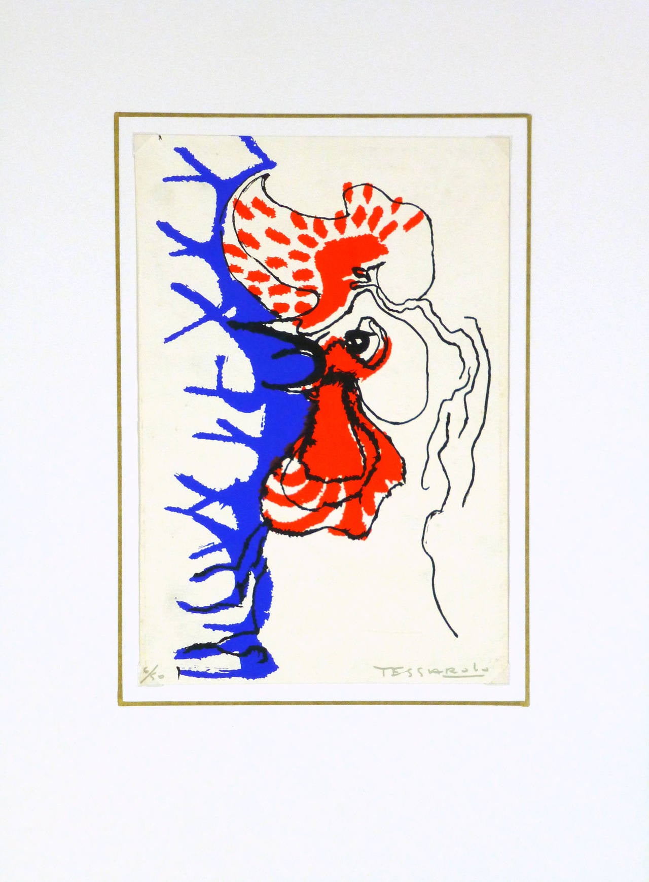 Esthetic serigraph rendered in bold primary colors of a handsome rooster crowing by French artist Lucien Tessarolo, circa 1965. Signed lower right, numbered 6 of 50 lower left.

Original one-of-a-kind artwork on paper displayed on a white mat with a