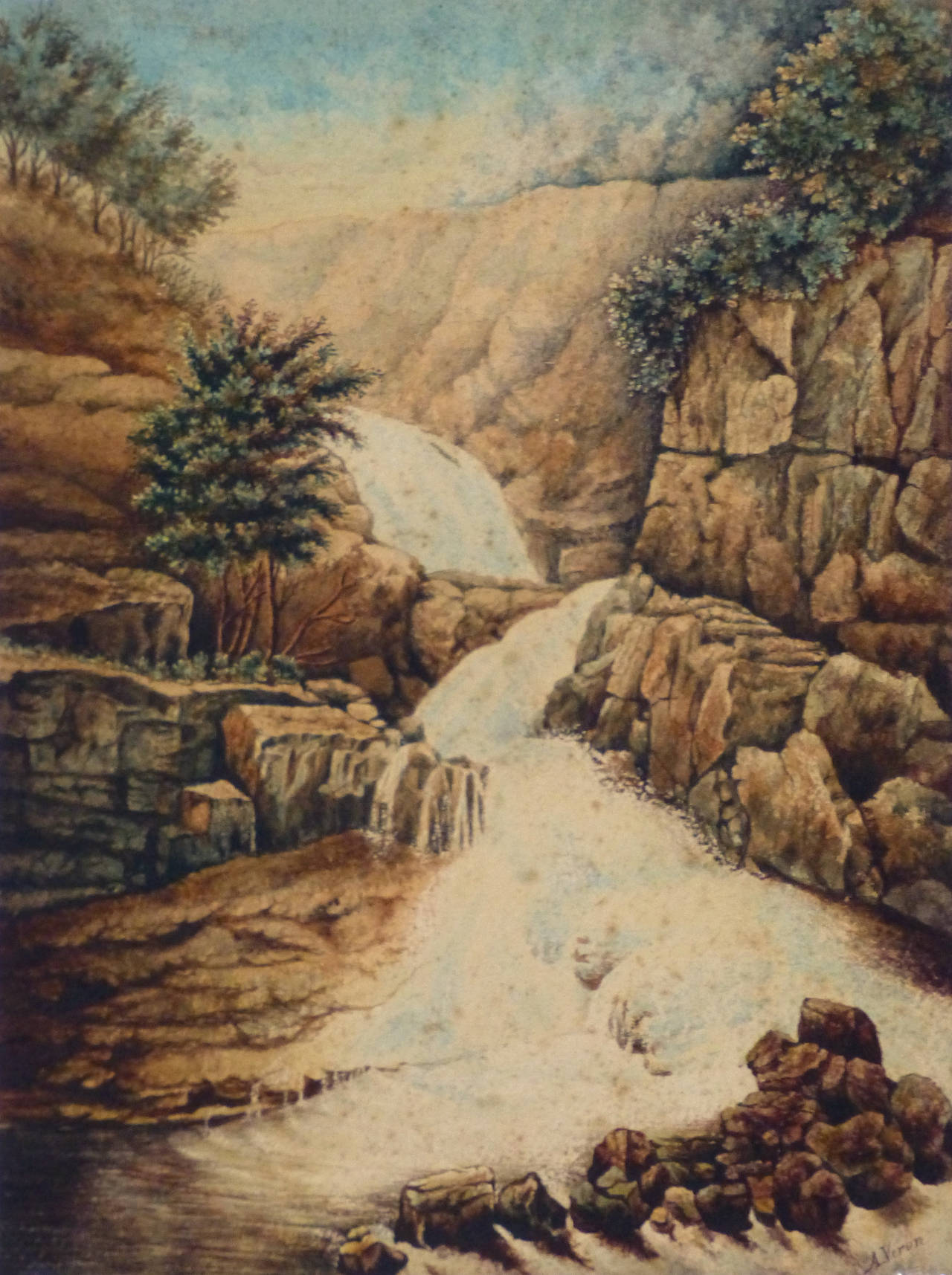 Alexandre René Landscape Art – Antikes französisches Aquarell-Landschaftsbild - Wasserfall