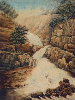 Antique French Watercolor Landscape - Waterfall