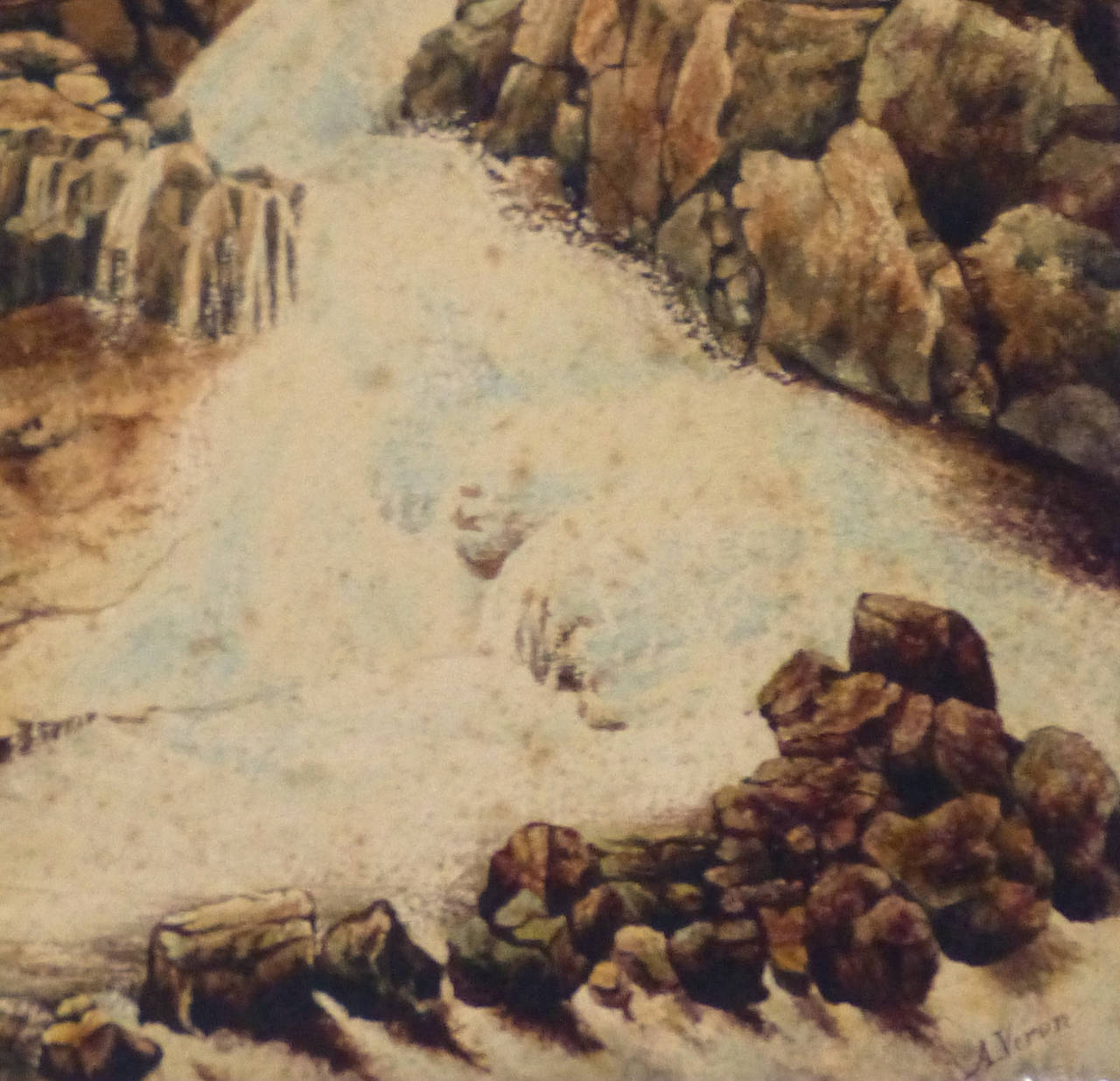 Antikes französisches Aquarell-Landschaftsbild - Wasserfall – Art von Alexandre René