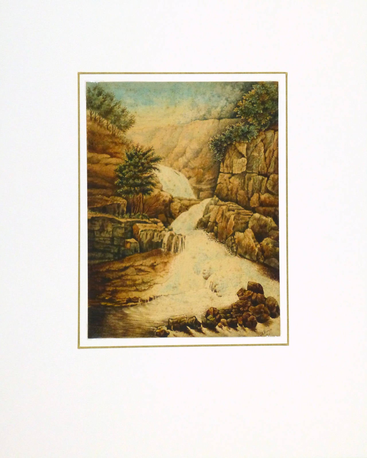 Wunderschönes Landschaftsaquarell eines Wasserfalls, der sich über große Flussfelsen ergießt, von Alexandre René Véron (1826-1897), um 1870. Signiert unten rechts.

Einzigartiges antikes Kunstwerk auf Papier, das auf einem weißen Passepartout mit