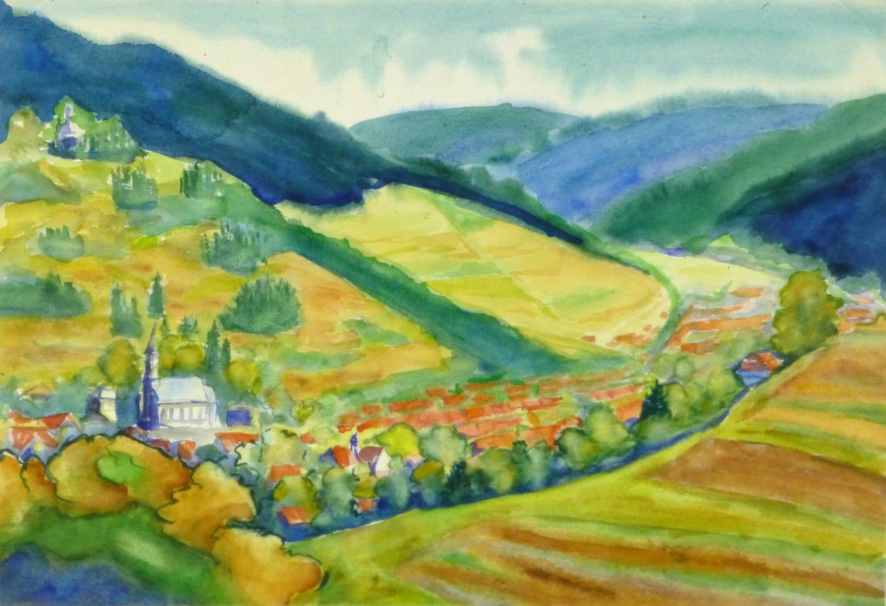 J. Müller Landscape Art - Vintage French Watercolor - Pastoral Landscape