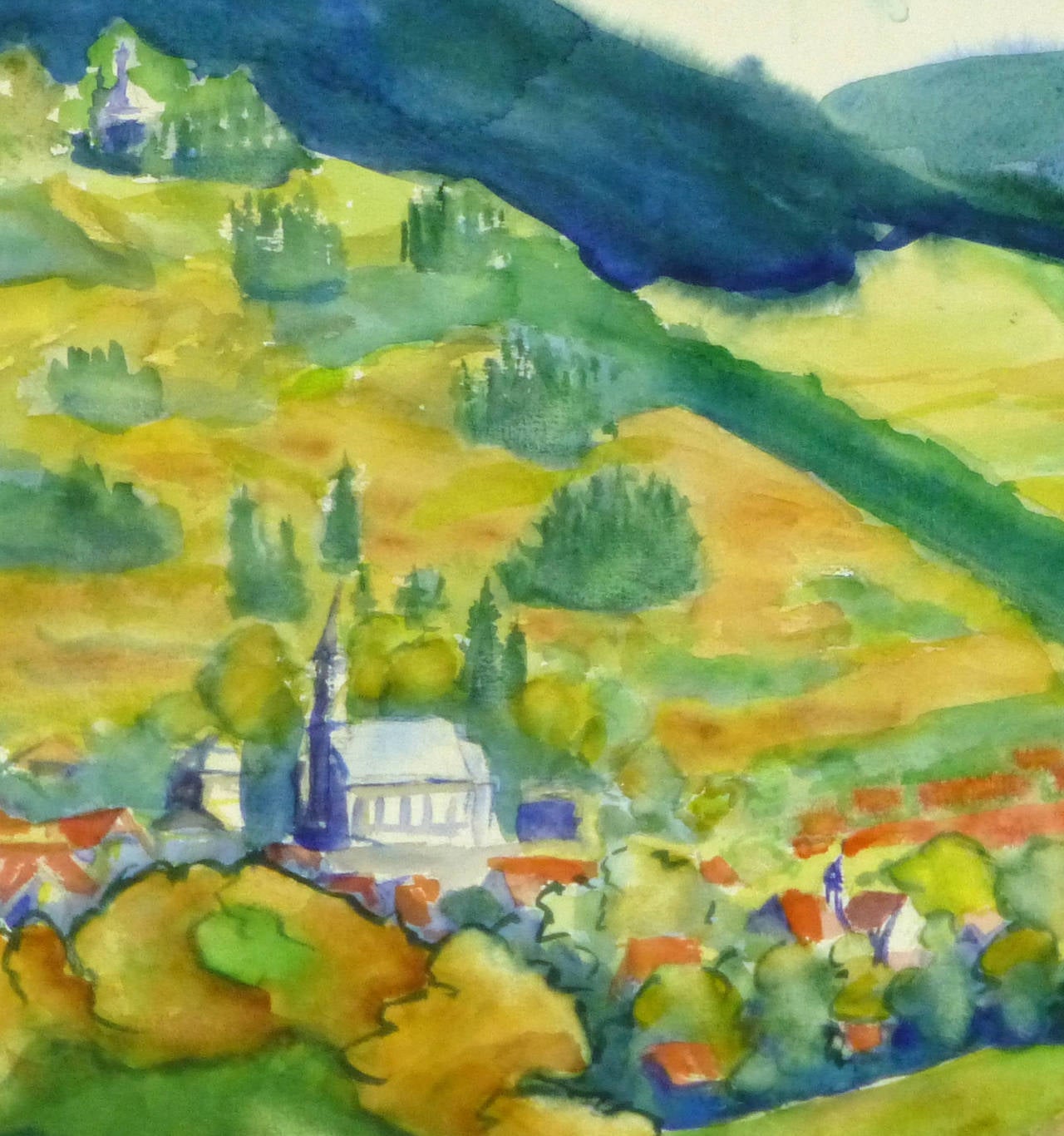 Vintage French Watercolor - Pastoral Landscape - Art by J. Müller