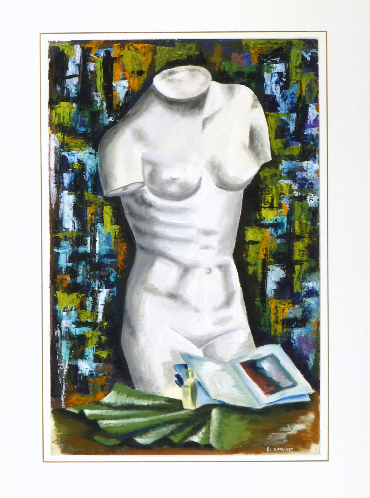 Acrylic painting of a marble female statue by French artist C. Carlinet, circa 1950. An open book and green folded fabric can be seen in the foreground, while abstract patches of color decorate the background. Signed lower right.

Original