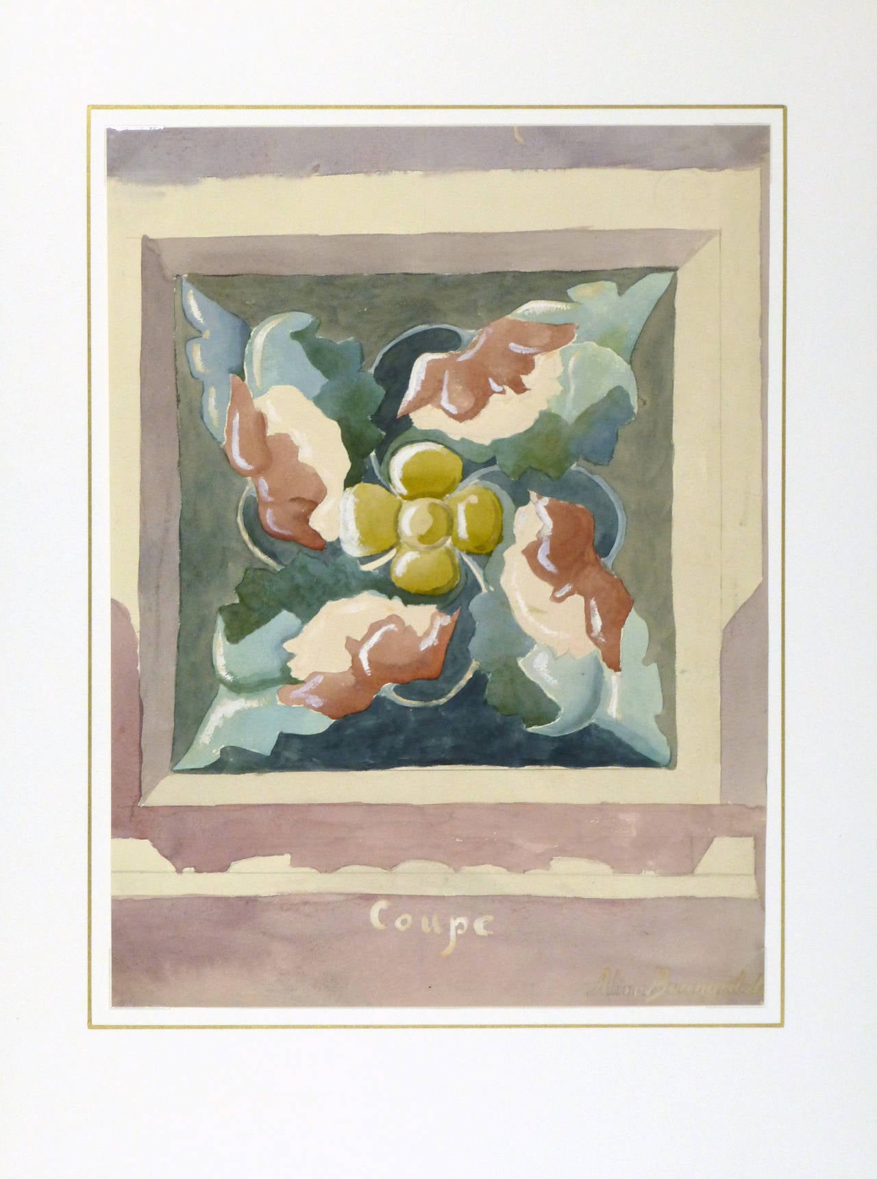 Decorative French watercolor of a closeup of a floral architectural element by artist Alice Bonnardet, circa 1930. Titled 