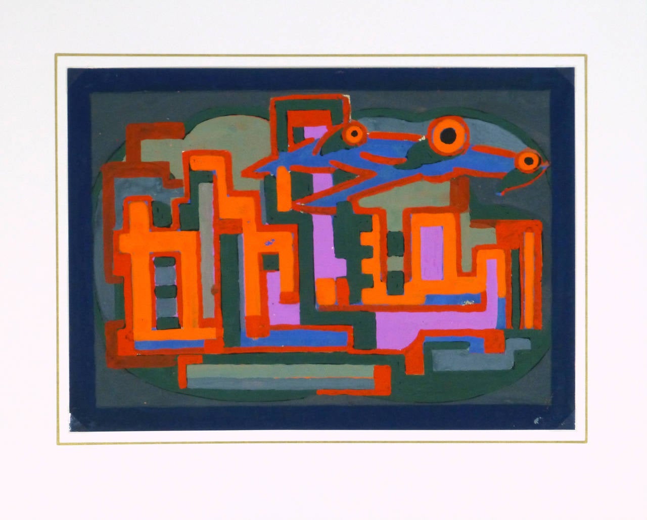 Französisches Gouache-Gemälde, um 1930. Dieses abstrakte Werk besticht durch seine leuchtenden Farben und die scharfen, miteinander verbundenen geometrischen Formen. 

Einzigartiges Originalkunstwerk auf Papier, das auf einer weißen Matte mit