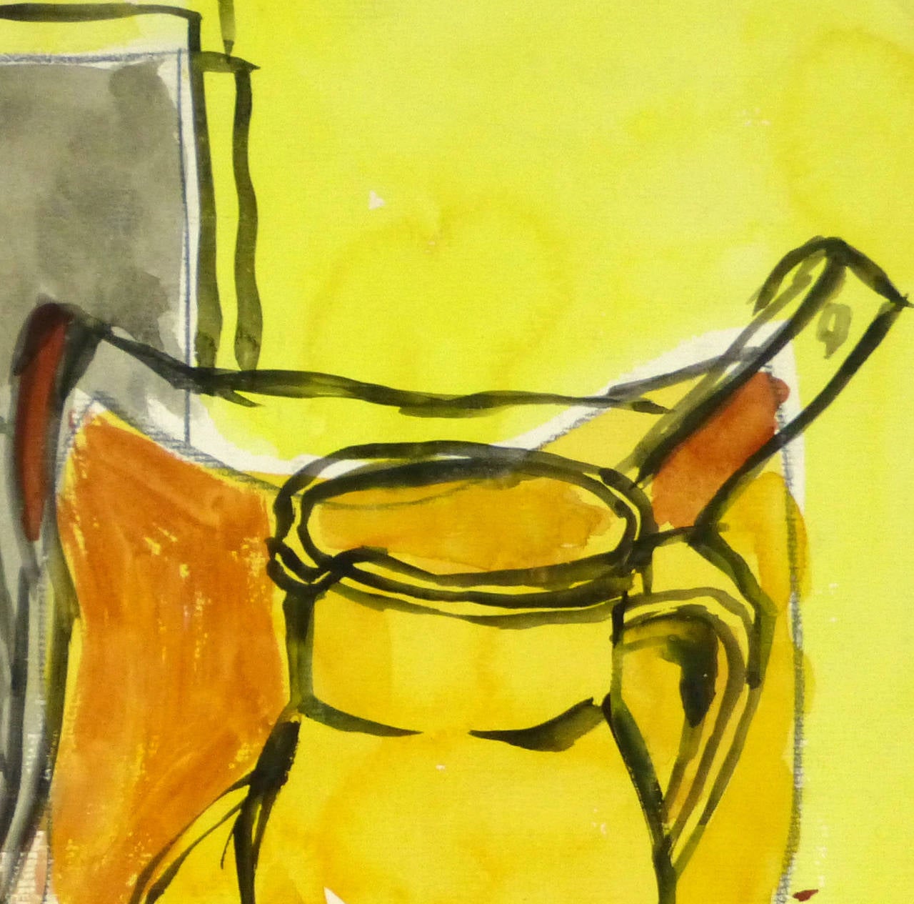 French watercolor and ink painting by artist Wornser, circa 1950. Featuring dark outlines and unfinished forms against a bold yellow background, this piece brings a contemporary edge to the traditional still-lives of previous centuries. 

Original