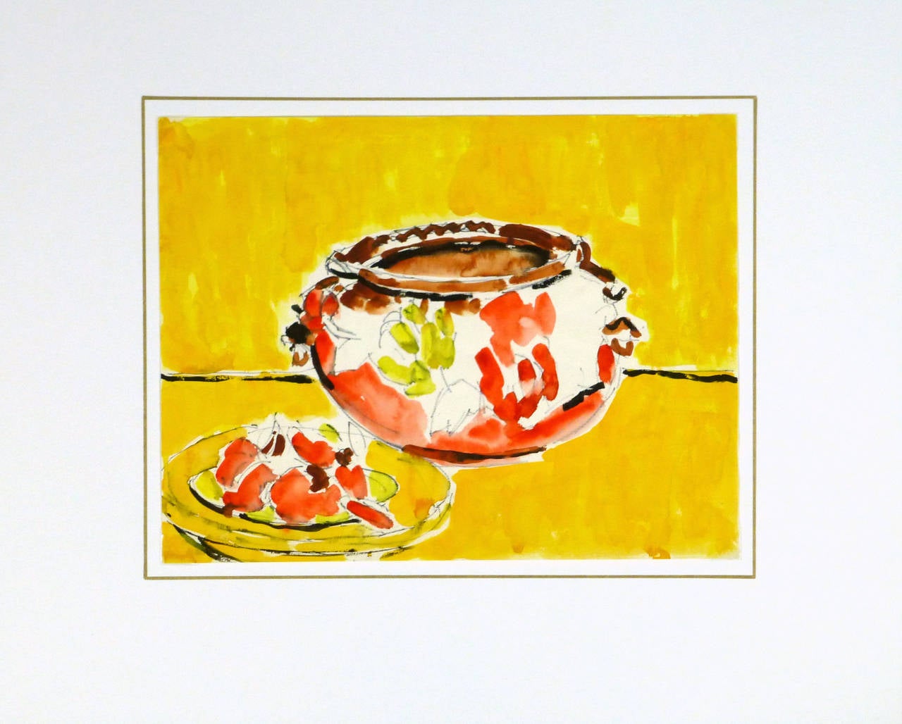 French still life watercolor and ink painting of a red pot with a rose pattern and a small plate of fruit against a golden yellow background by artist Wornser, circa 1950. Unsigned.

Original one-of-a-kind artwork on paper displayed on a white mat