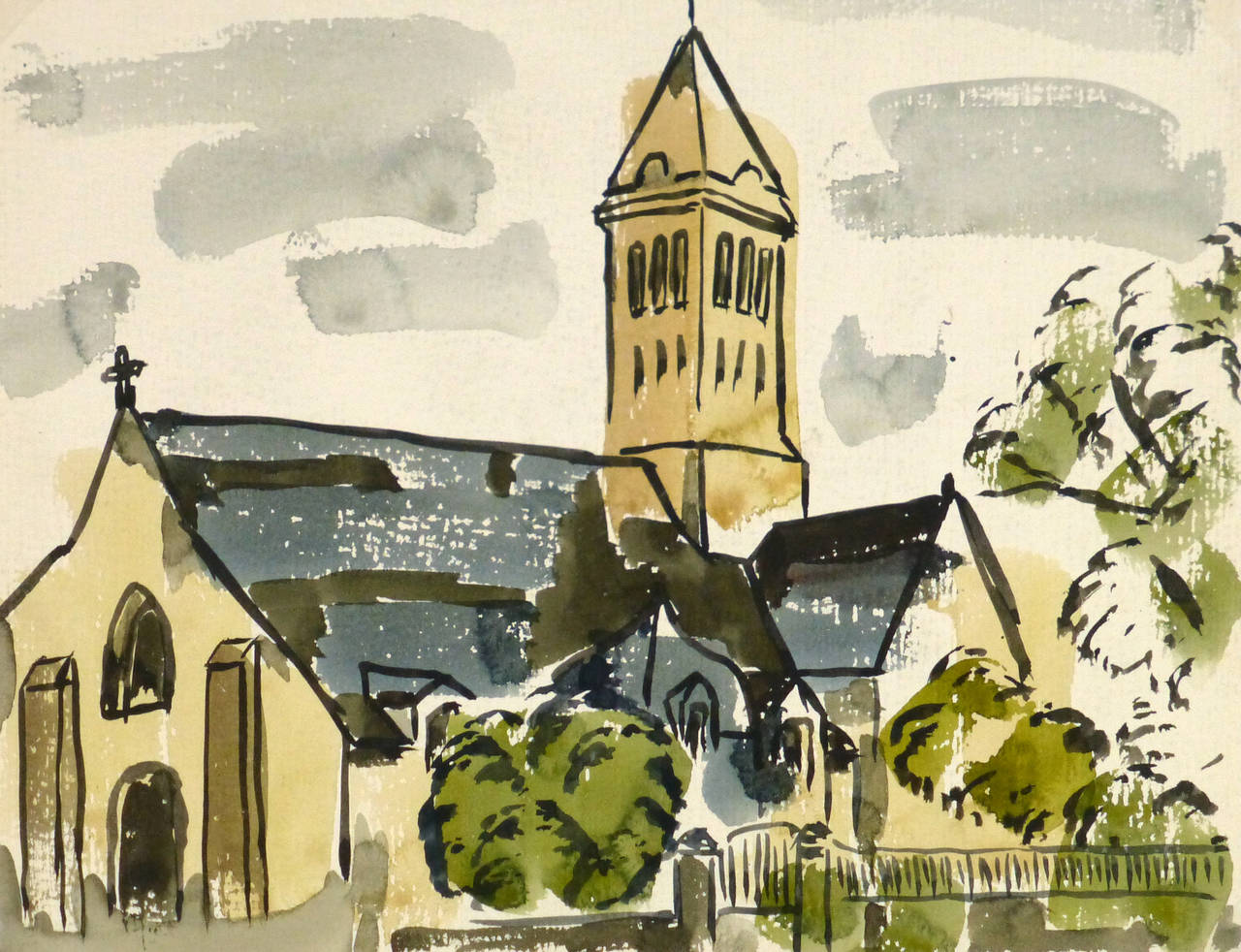 Vintage Watercolor Church Painting