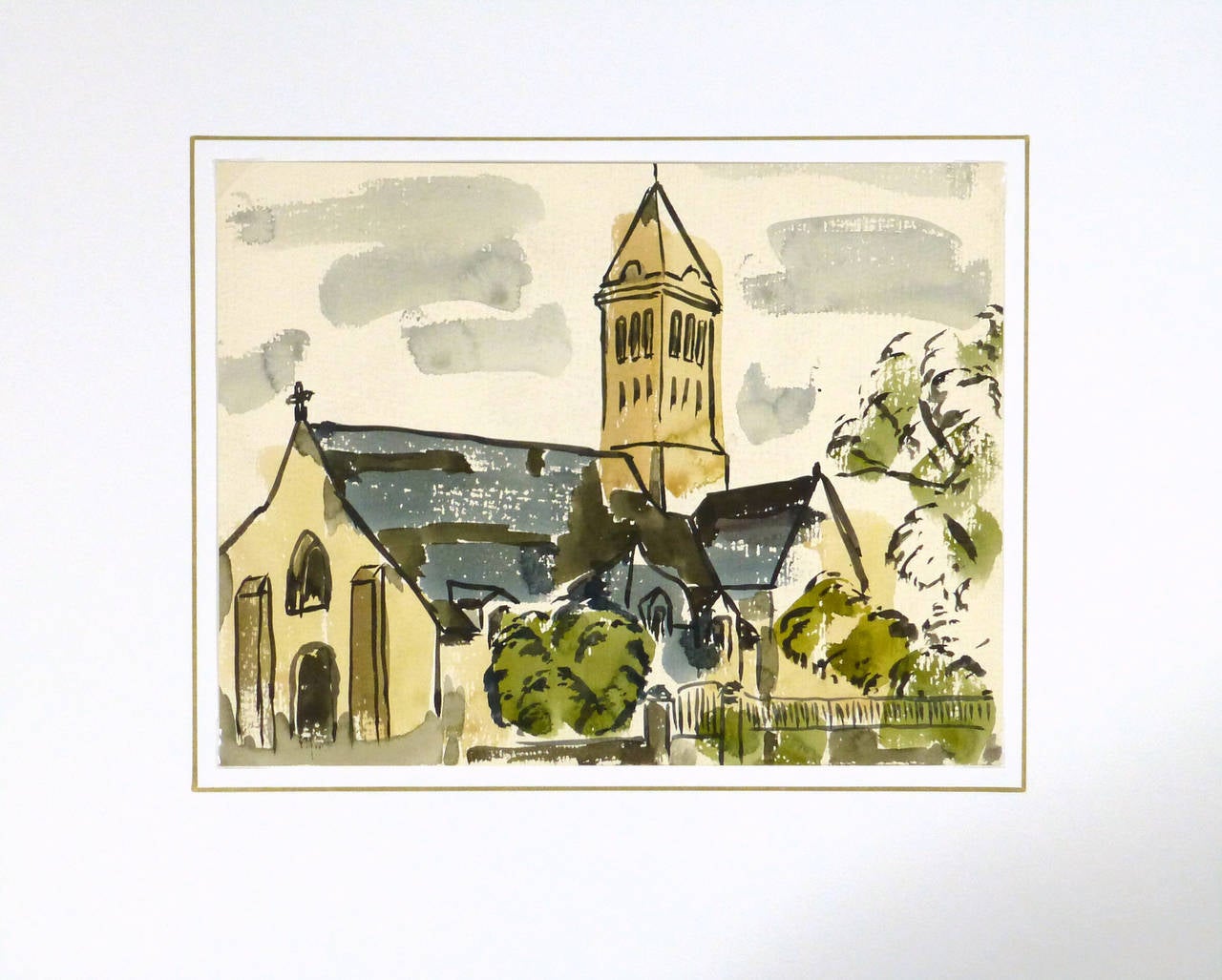 Französisches Aquarell einer eleganten romanischen Kirche, umgeben von Bäumen, von Künstler Wornser, um 1950. Nicht signiert.

Einzigartiges Originalkunstwerk auf Papier, das auf einer weißen Matte mit Goldrand präsentiert wird. Die Matte passt in
