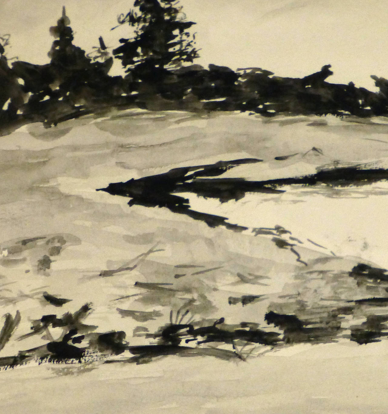 Peaceful black and white ink wash of a curving bend in a small creek by French artist M. Guillaumey, circa 1960. Signed lower right. 

Original one-of-a-kind artwork on paper displayed on a white mat with a gold border. Mat fits a standard-size