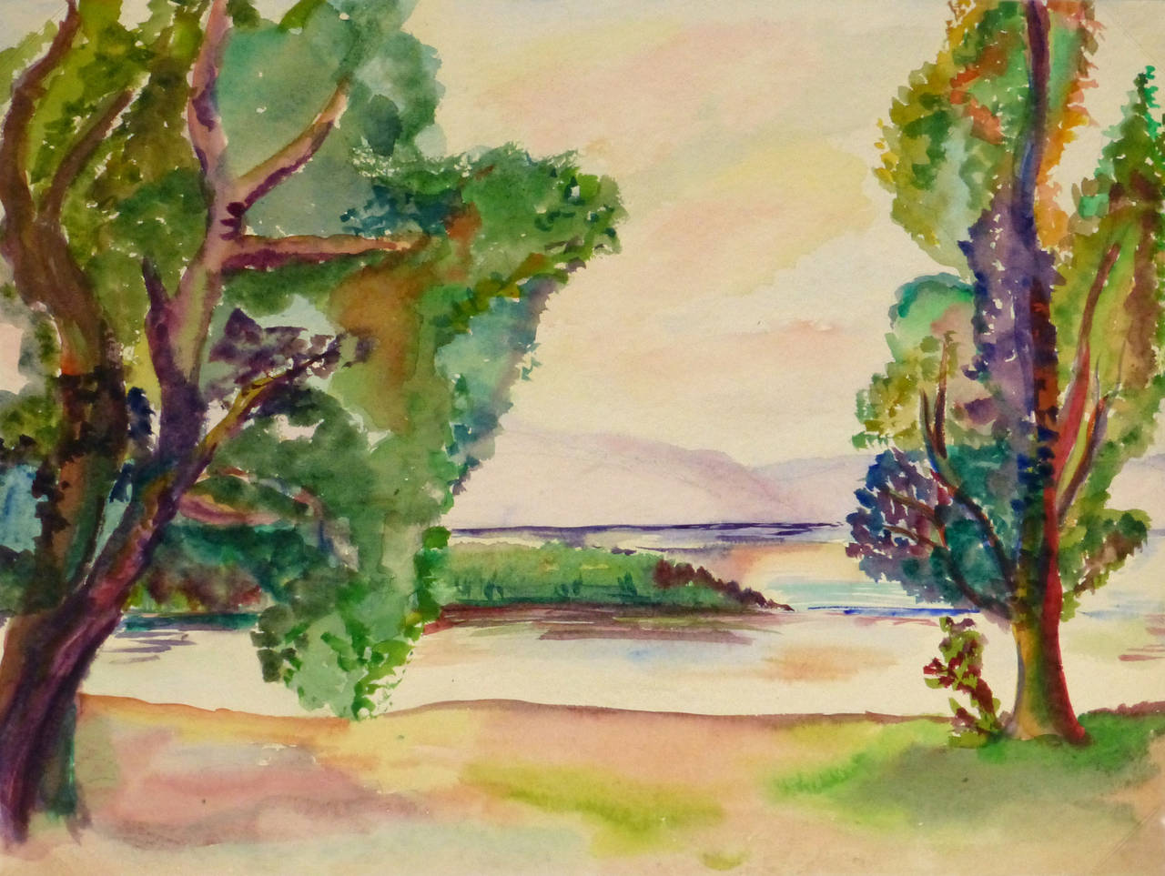 Erika Schob Landscape Art - Vintage Watercolor Landscape - Lake Verde