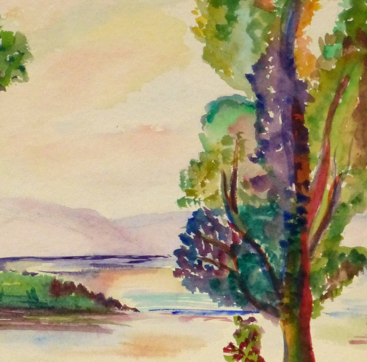 Vintage Watercolor Landscape - Lake Verde - Brown Landscape Art by Erika Schob