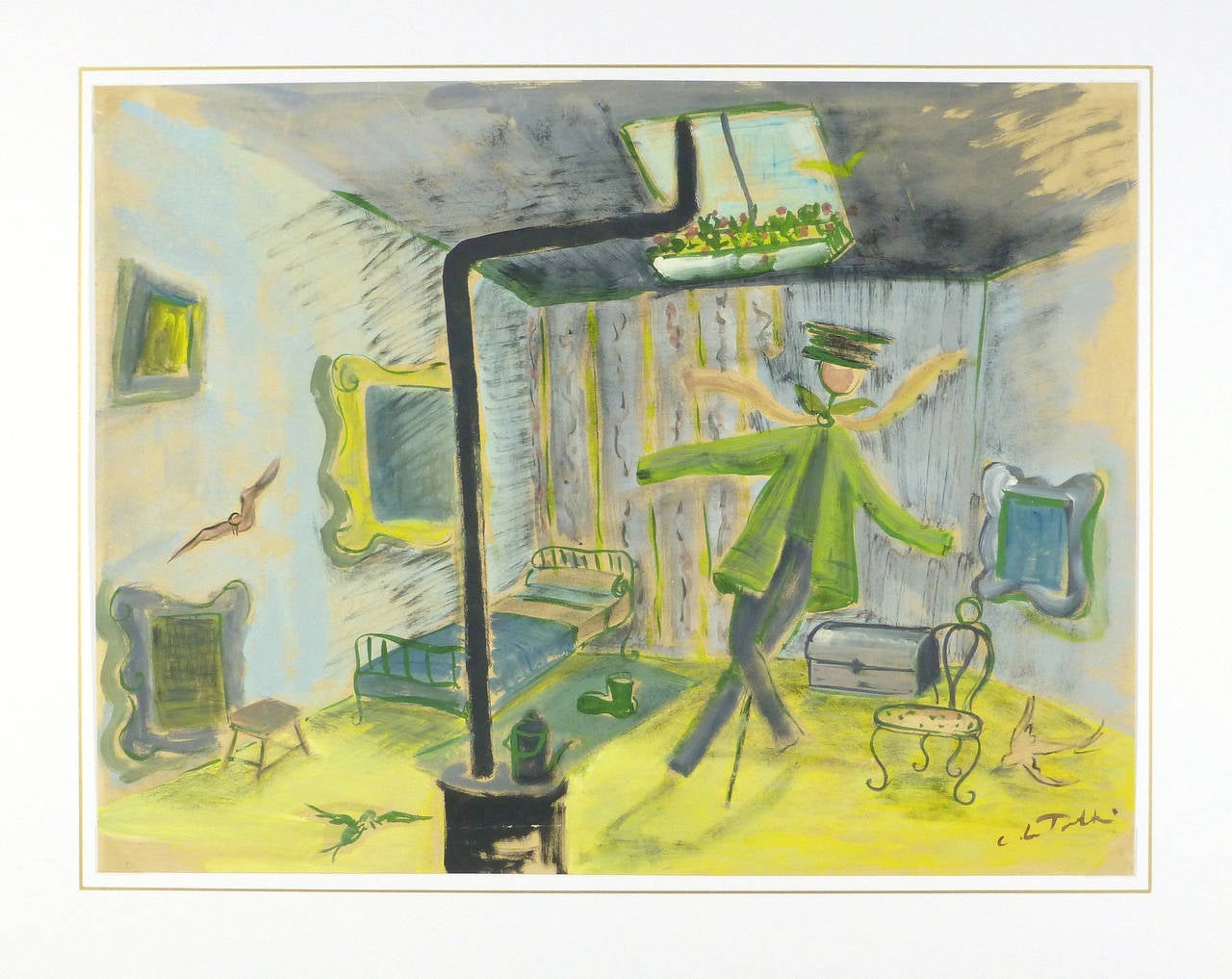 Poetisch inspirierte Darstellung eines kleinen Pariser Dachgeschosszimmers mit Gemälden, Vögeln und einer lebendigen Vogelscheuche aus Kleidung, 1950. Signiert unten rechts, Künstler unbekannt.

Einzigartiges Originalkunstwerk auf Papier, das auf