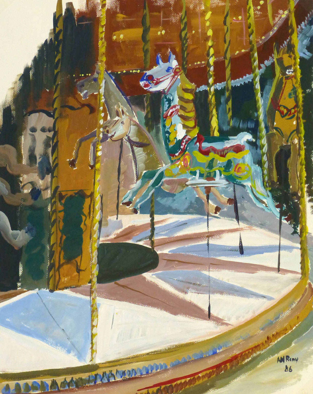 A.M. Rémy Still-Life Painting - Vintage French Gouache - The Carousel