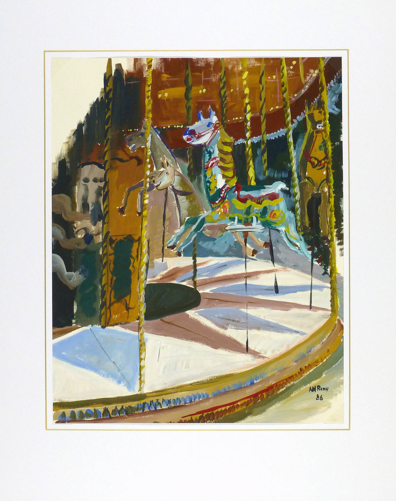 Jovial gouache painting of colorful carousel horses by AM. Rémy, 1986. Signed and dated lower right. 

Original one-of-a-kind artwork on paper displayed on a white mat with a gold border. Mat fits a standard-size frame. Archival plastic sleeve