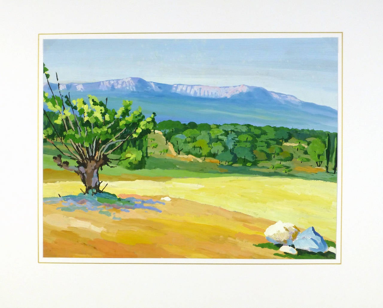 Soothing gouache painting of a panoramic view of the landscape of Les Baux de Provence, France by A. Poirier, 1955. Unsigned.

Original one-of-a-kind artwork on paper displayed on a white mat with a gold border. Mat fits a standard-size frame.