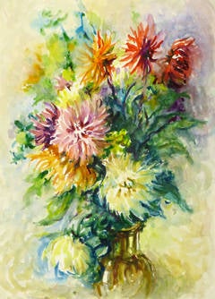 Vintage French Watercolor Painting - Chrysanthemum Bouquet