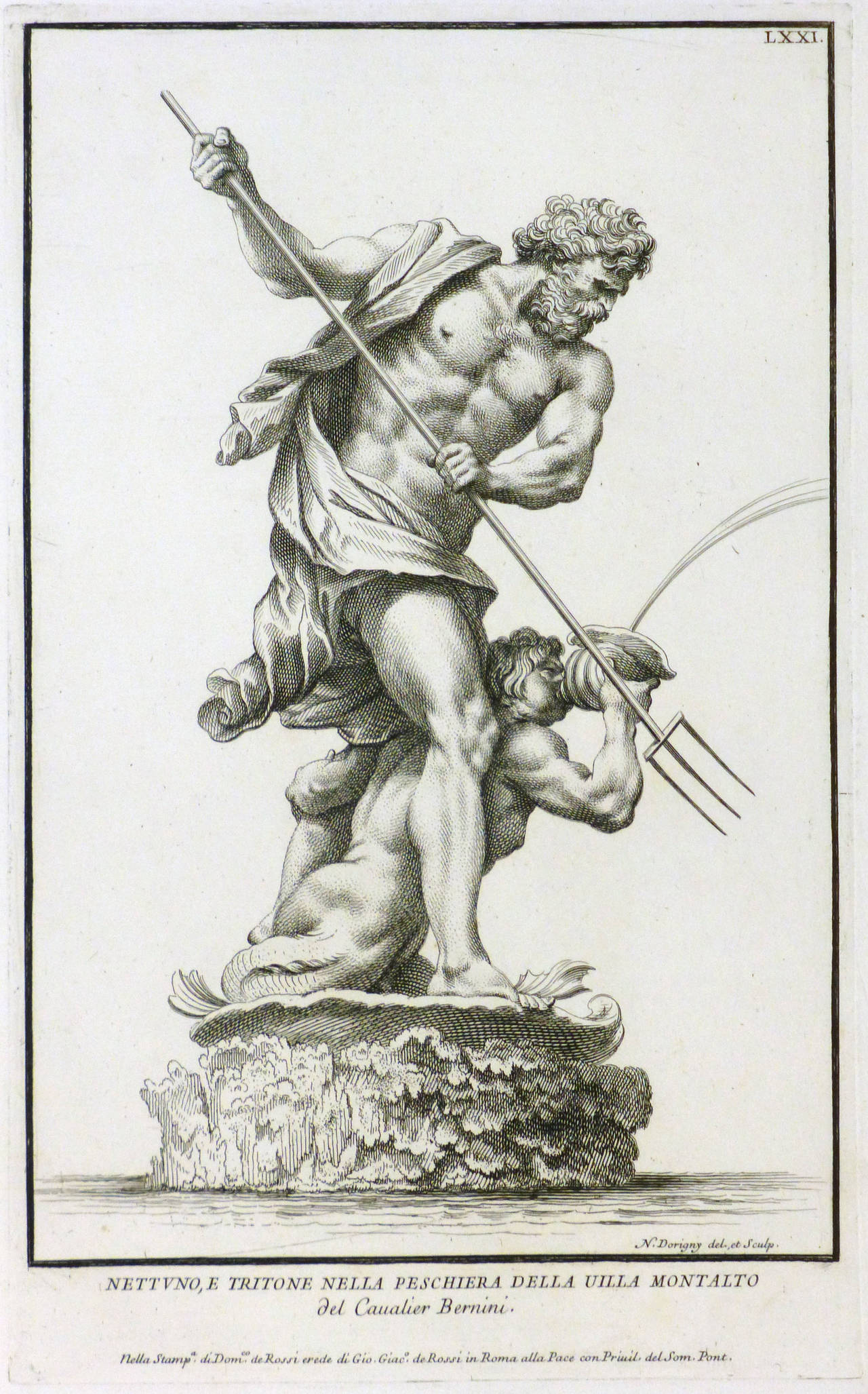 Nicolas Dorigny Figurative Print - Antique Copper Engraving - Neptune