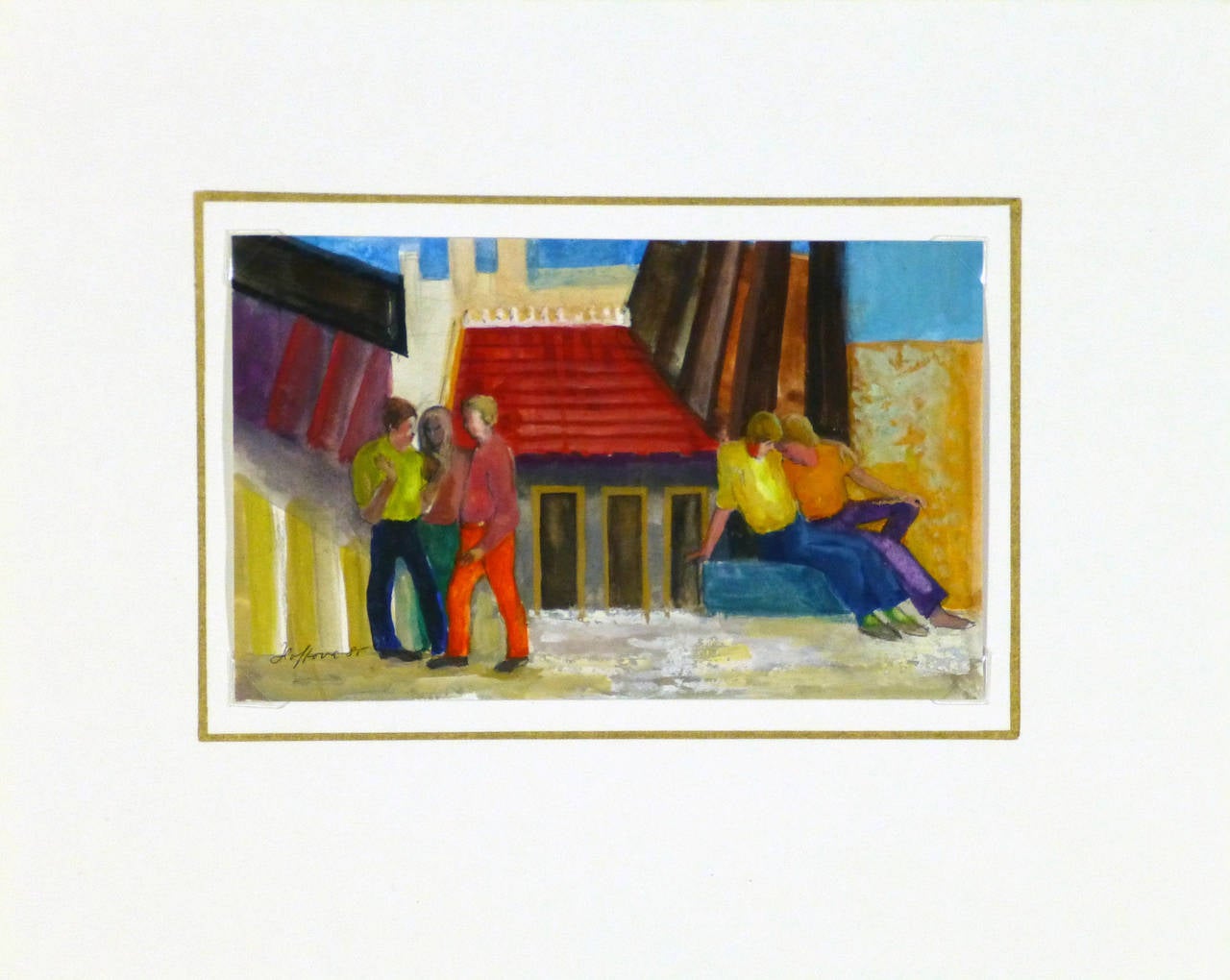 Pequeña pintura acrílica de un grupo de personas reunidas al aire libre delante de pequeños edificios con líneas gráficas atrevidas, obra de la artista Elisabeth Hoffova, 1985. Firmado abajo a la izquierda.

Obra de arte original única sobre papel