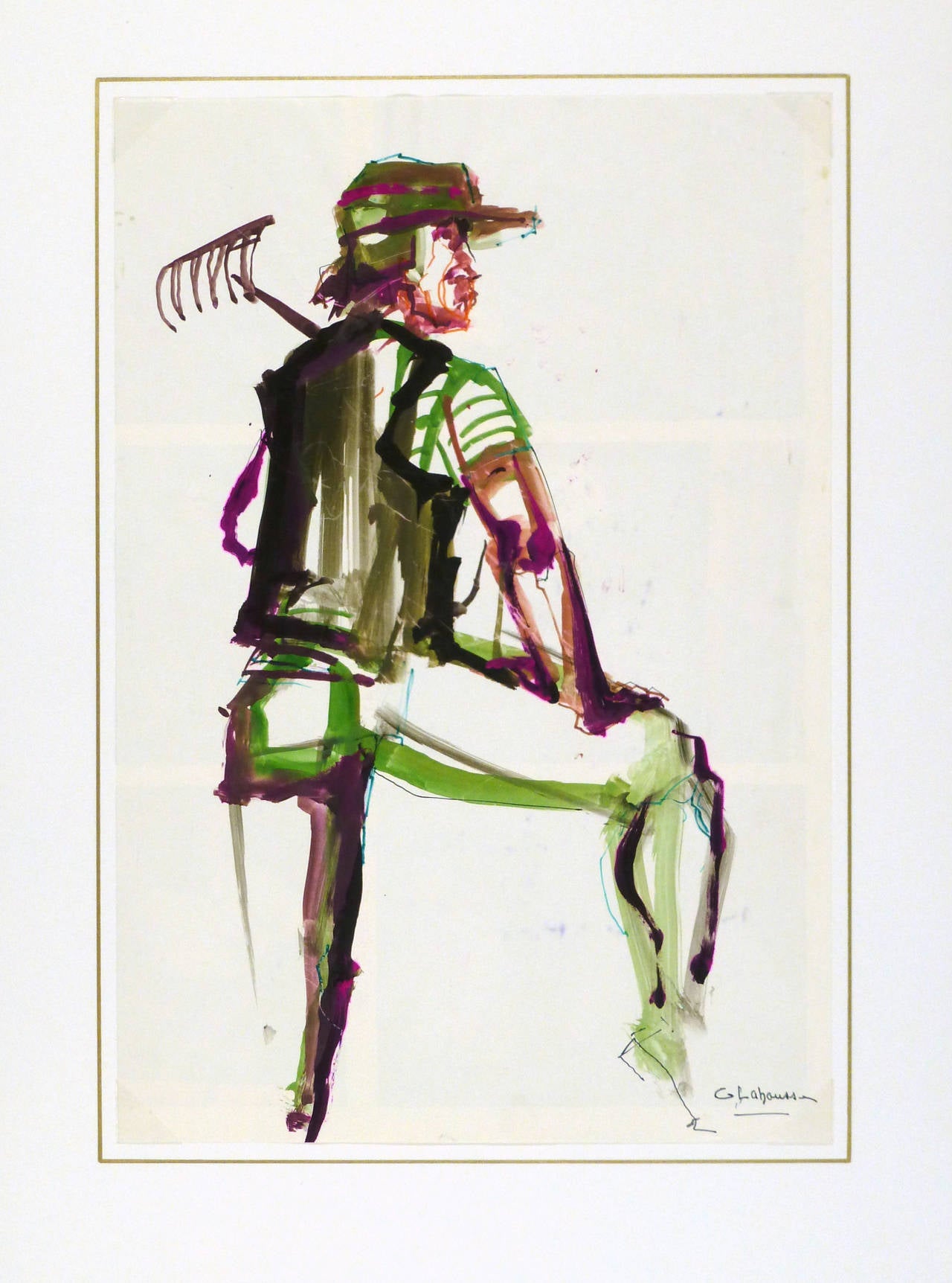 Portrait acrylique vintage d'un homme avec un râteau dans une palette audacieuse de verts et de violets par l'artiste français G. Lahousse, vers 1970. Signé en bas à droite. 

Œuvre d'art originale sur papier, unique en son genre, présentée sur un