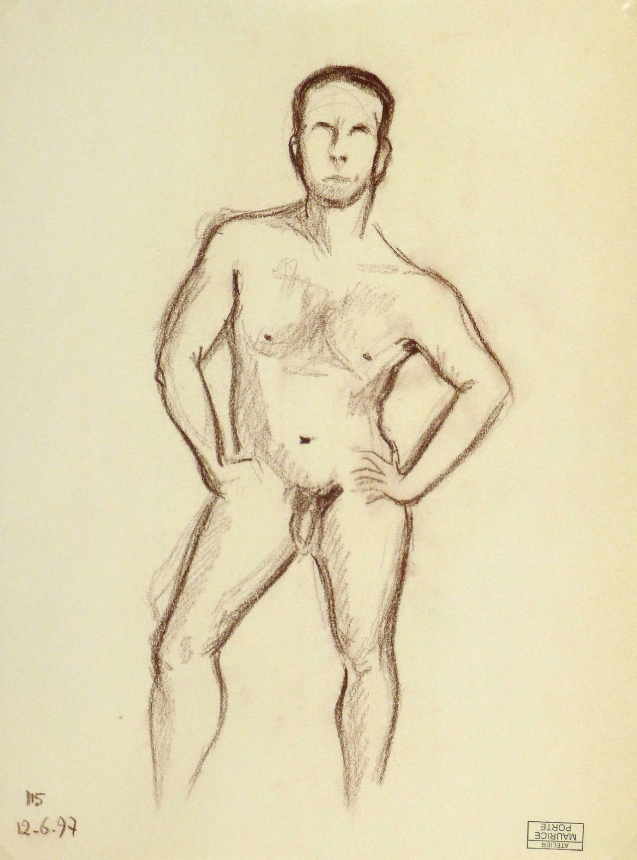 French Charcoal Sketch - Nude Male - Art by Maurice Porte