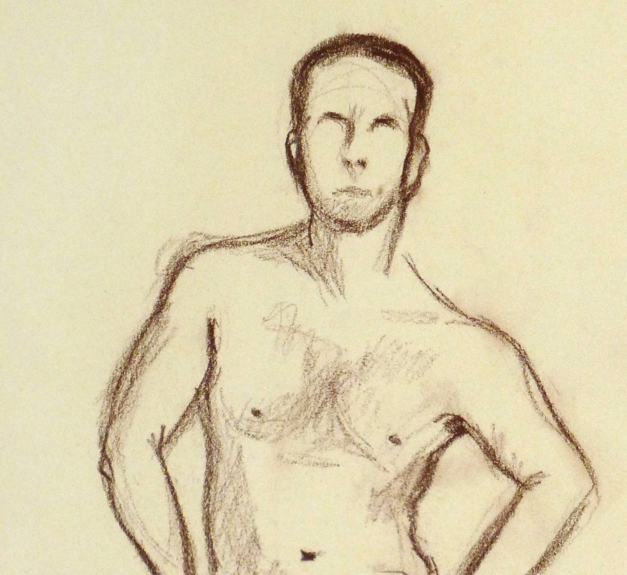 French charcoal sketch of a nude male striking a jaunty pose by Maurice Porte, 1997. Dated lower left, artist's stamp lower right.

Original one-of-a-kind artwork on paper displayed on a white mat with a gold border. Mat fits a standard-size