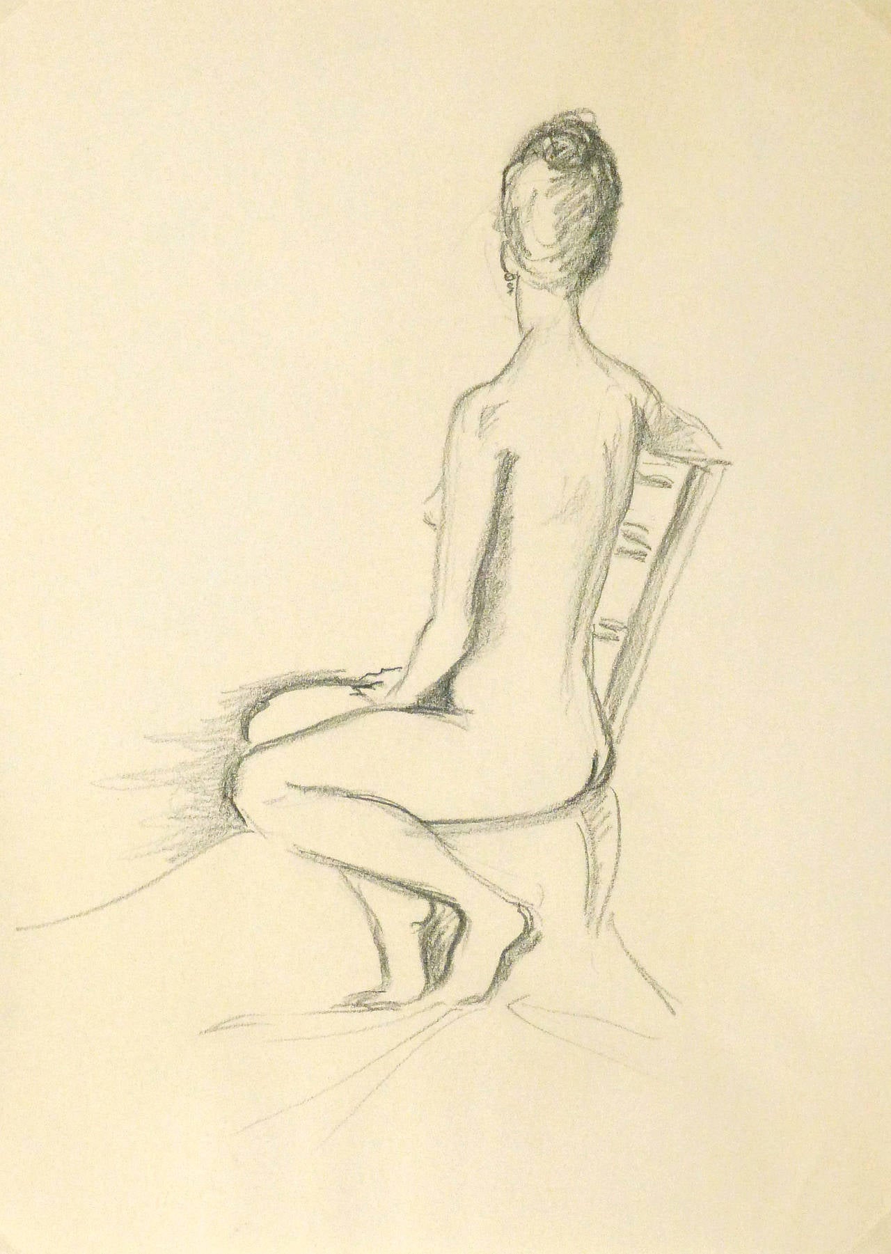 French Pencil Sketch - Sitting Nude Female - Art by Maurice Porte
