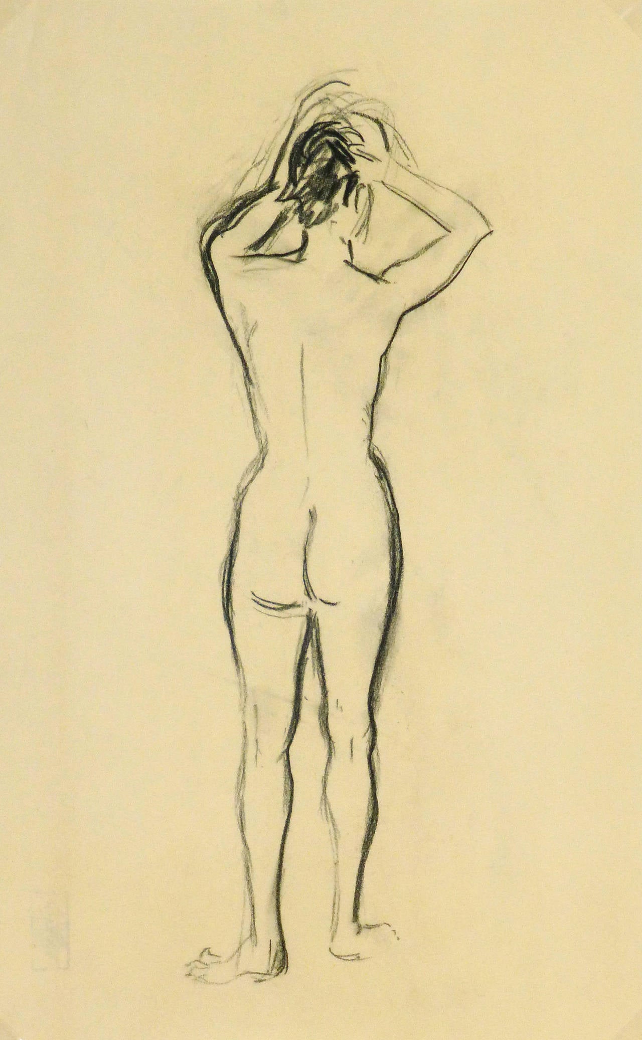 French Charcoal Sketch - Nude Female Standing - Art by Maurice Porte