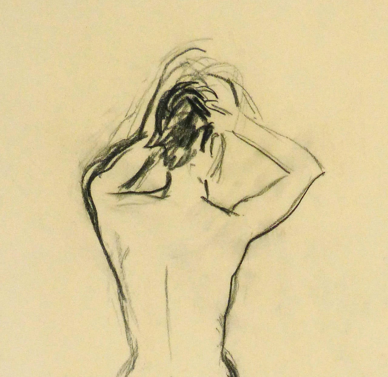 French charcoal sketch of a nude female standing with her arms adjusting her hair by artist Maurice Porte, 1990. Unsigned.

Original one-of-a-kind artwork on paper displayed on a white mat with a gold border. Mat fits a standard-size frame.