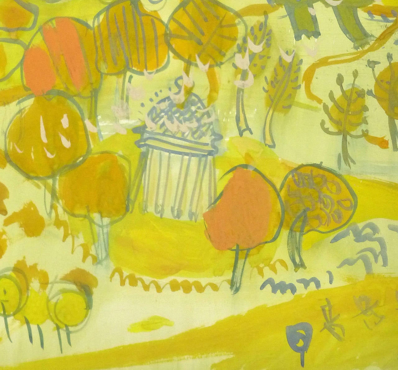 Vintage French Gouache Landscape - Pastoral Dreams - Yellow Landscape Painting by André L'Archevêque