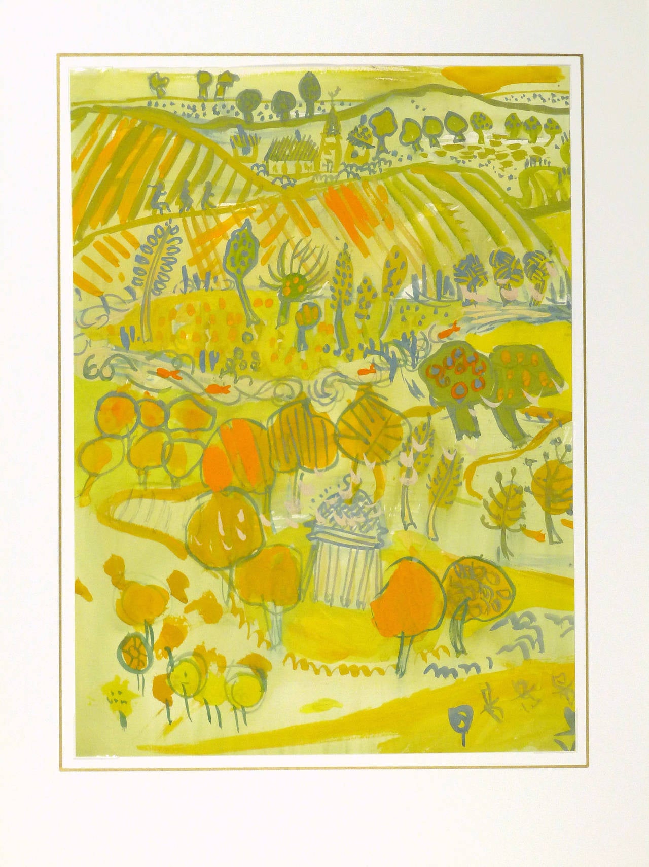 Energetic gouache landscape of a rural setting in bright warm hues by French artist André L'Archevêque, circa 1950. Unsigned. 

Original one-of-a-kind artwork on paper displayed on a white mat with a gold border. Mat fits a standard-size frame.
