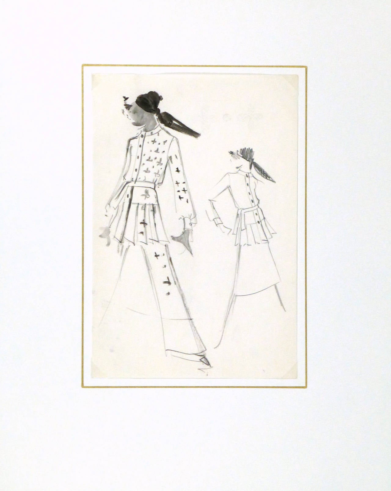 Original vintage haute couture pencil and ink fashion sketch of two sophisticated outfits in black and white by renowned French fashion designer Pierre Balmain, circa 1960. 

Original vintage one-of-a-kind artwork on paper displayed on a white mat