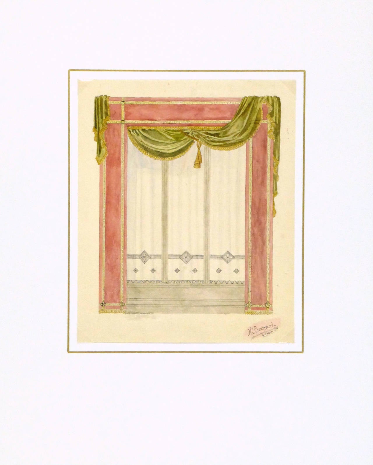 Vintage French ink and watercolor of a window dressed in rich and detailed fabrics by artist H. Bernard, 1910. Signed and dated lower right.  

Original vintage one-of-a-kind artwork on paper displayed on a white mat with a gold border. Mat fits a