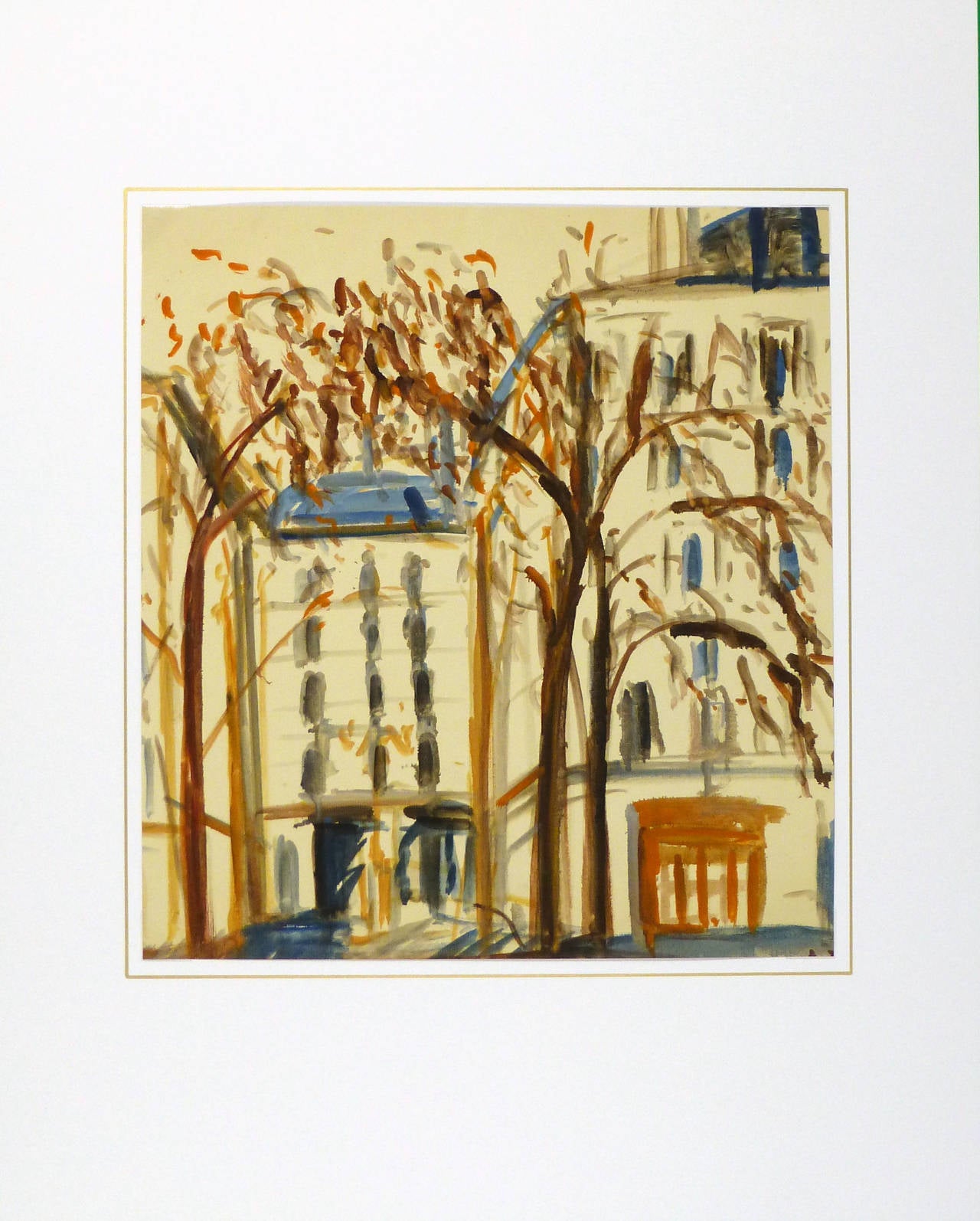 Vintage acrylic painting on canvas paper of a light and airy Parisian street scene in autumn by artist R. Rémy, 1986. Unsigned. 

Original vintage one-of-a-kind artwork on paper displayed on a white mat with a gold border. Mat fits a