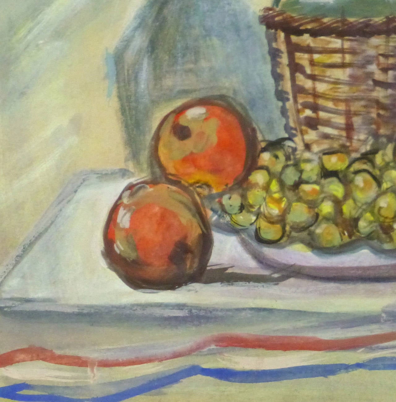 Delectable gouache still life painting of wine and shiny fresh fruit attractively arranged on a table, circa 1950. Signed 
