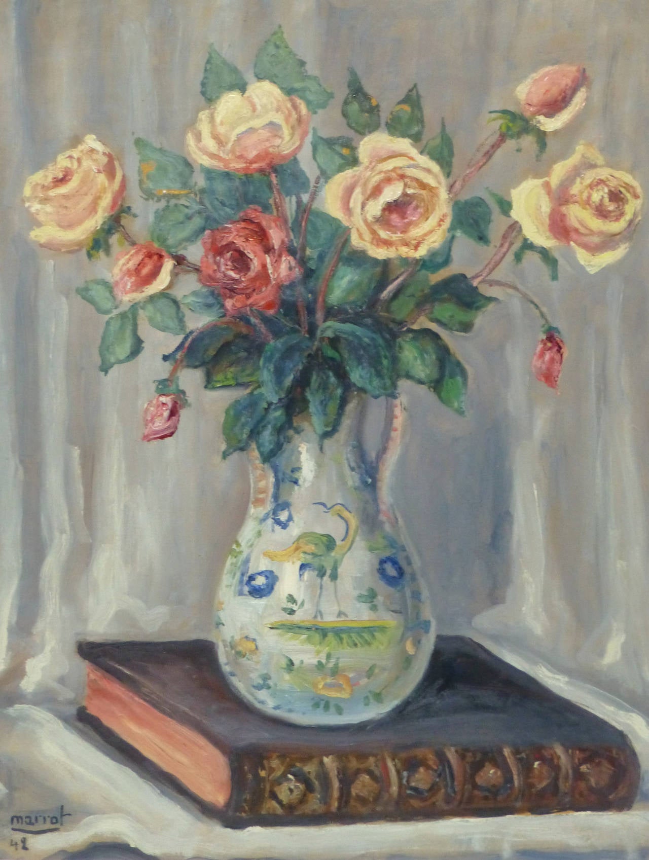 Vintage French Oil Still Life - Roses & Reading