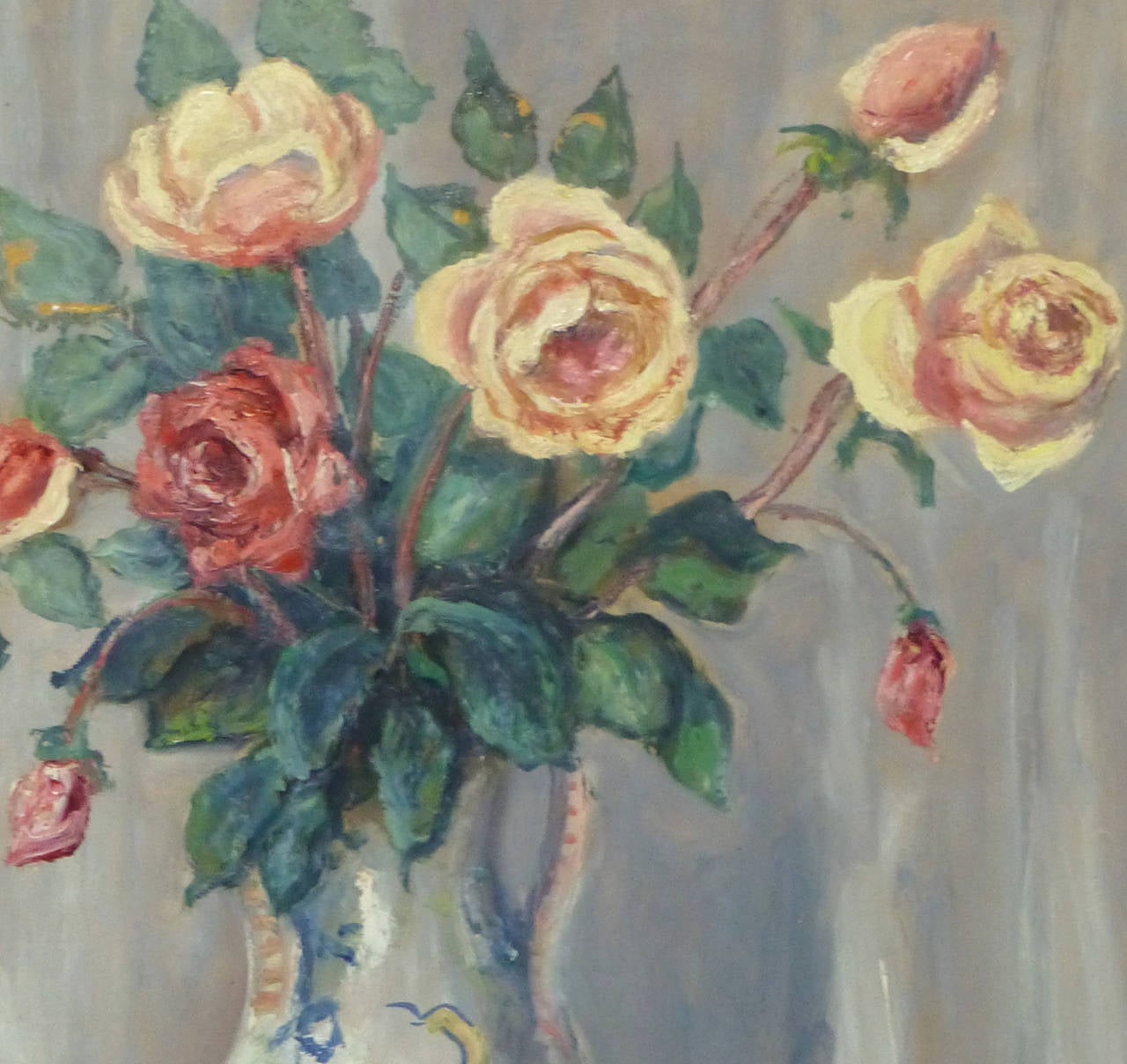 Französisches Öl-Stillleben im Vintage-Stil – Rosen und Lese – Painting von Unknown