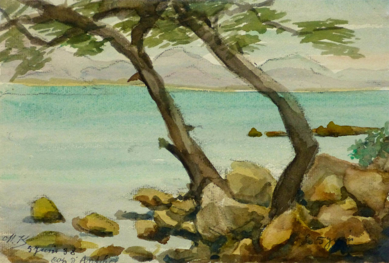 Vintage French Watercolor Landscape - Côte d'Azur