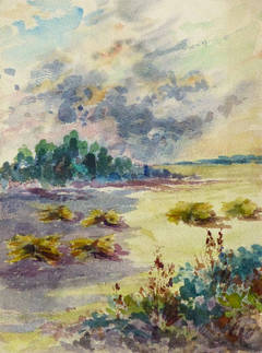 Vintage French Watercolor Landscape - The Hay Field