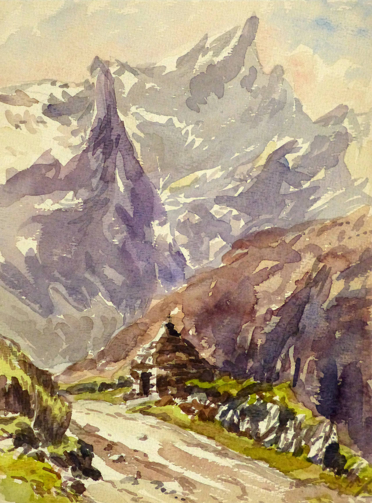 Roger Tochon Landscape Art - Vintage French Watercolor Landscape - Trail to the Peaks