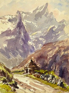 Vintage French Watercolor Landscape - Trail to the Peaks