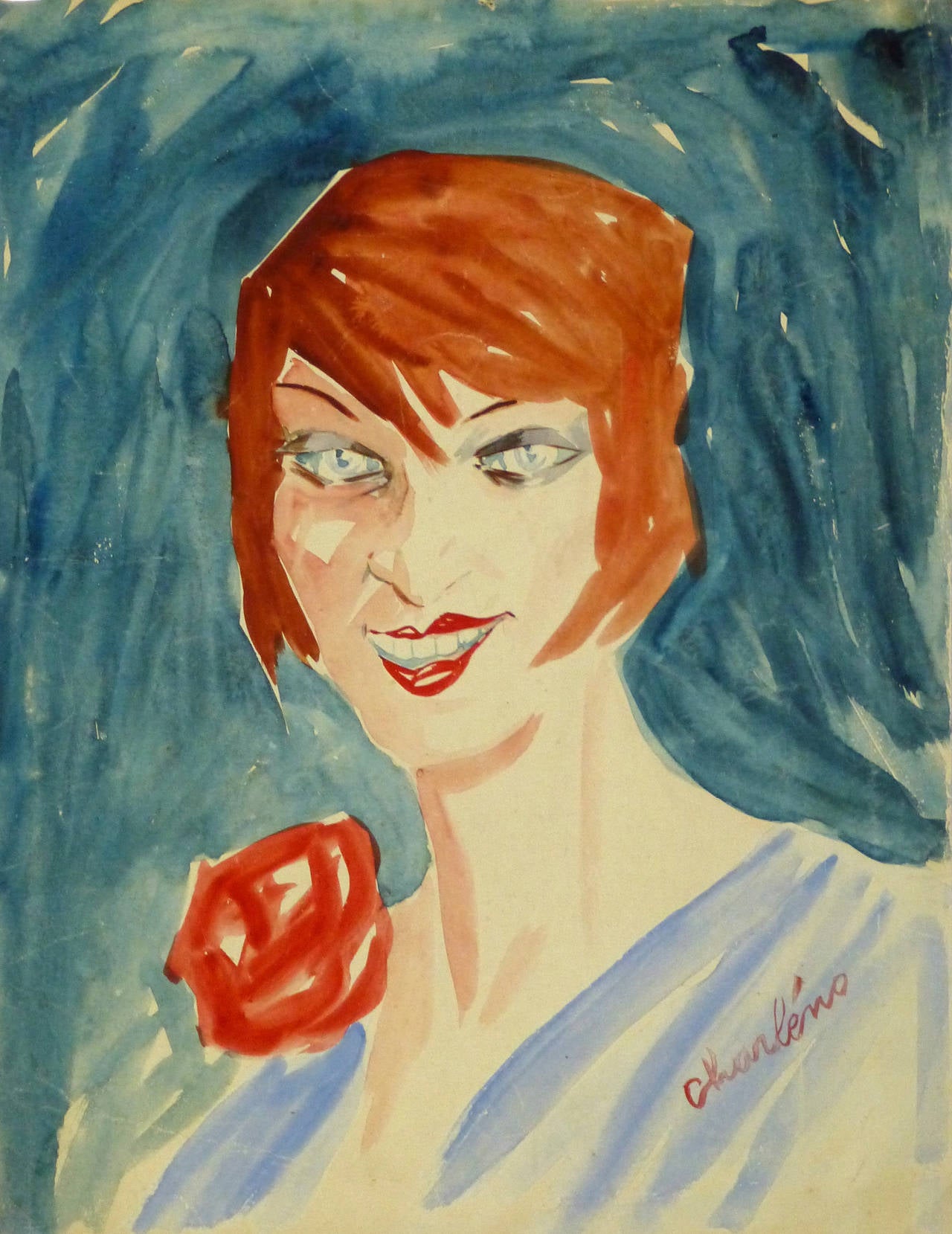 Vintage French Gouache Portrait