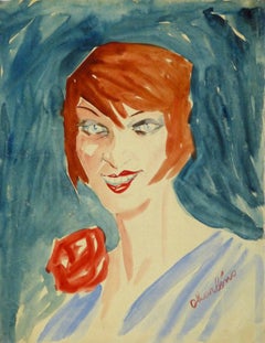 Vintage French Gouache Portrait