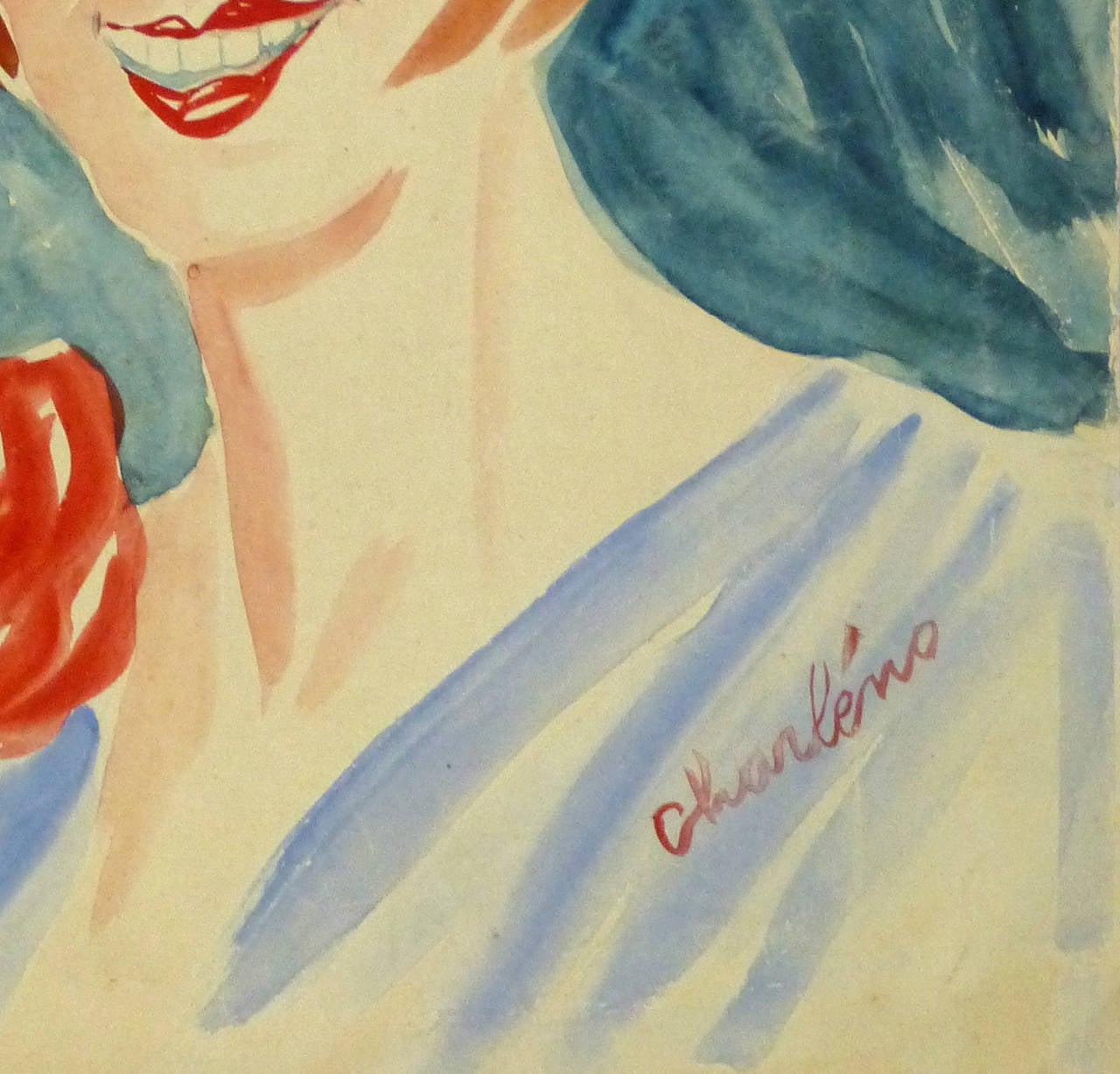 Vintage French Gouache Portrait - Painting by Charléno Carlo