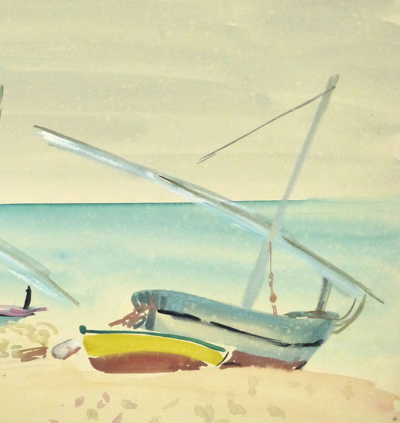 Vintage French Watercolor Seascape - Madagascar Beach - Beige Landscape Art by Stephane Magnard