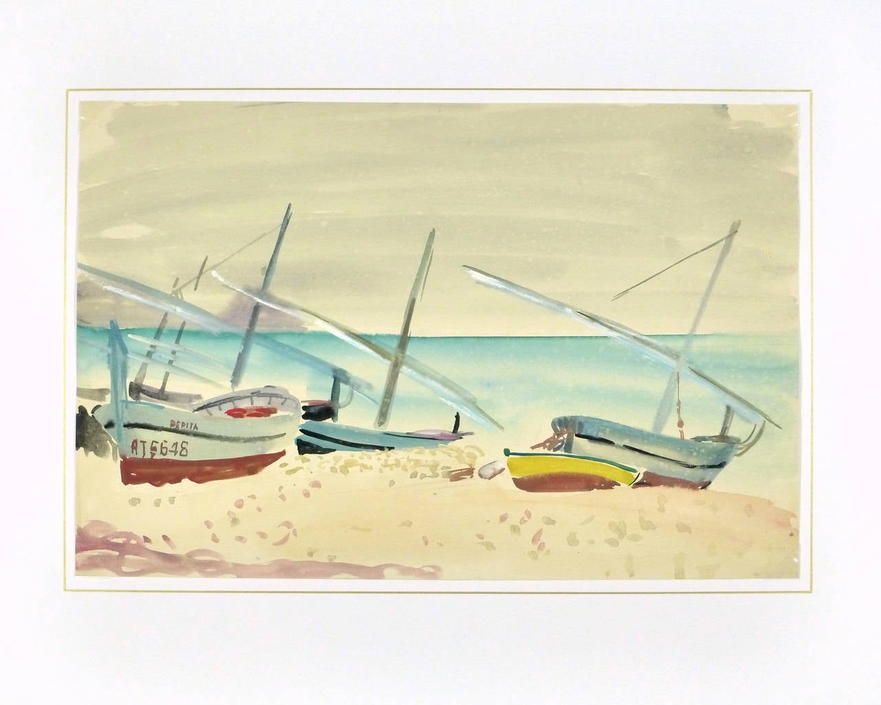 Spectacular watercolor seascape of colorful boats beached on the coast of Madagascar by French artist Stéphane Magnard, circa 1950. Unsigned.

Original vintage one-of-a-kind artwork on paper displayed on a white mat with a gold border. Mat fits a