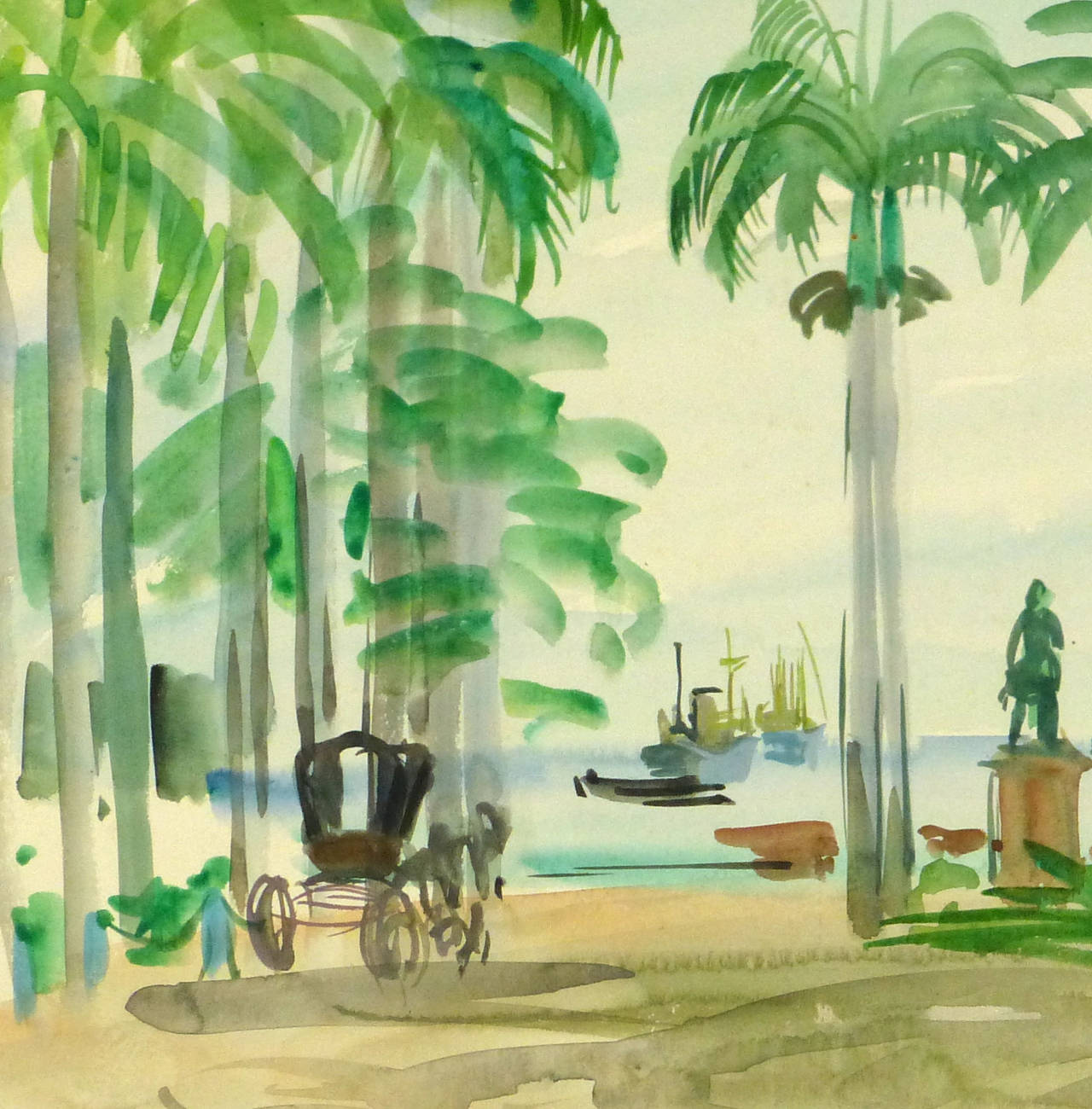 Sunny and bright watercolor landscape of a port in Madagascar lush with tropical vegetation by French artist Stéphane Magnard (1917-2010), circa 1950. Unsigned.

Original vintage one-of-a-kind artwork on paper displayed on a white mat with a gold