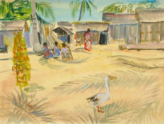 Vintage Watercolor Landscape of Africa - Madagascar Village