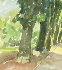 Vintage Watercolor Landscape Painting - City Park